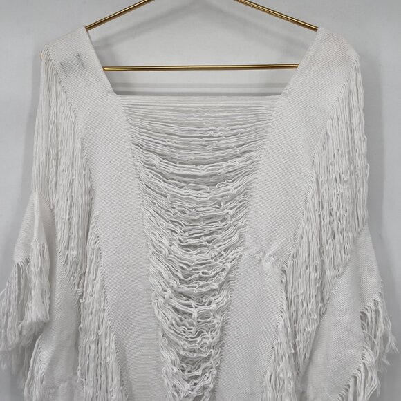 Maria Victoria by Lula Loom White Fringe Knit Poncho Ruana One Size 100% Cotton - Picture 5 of 9